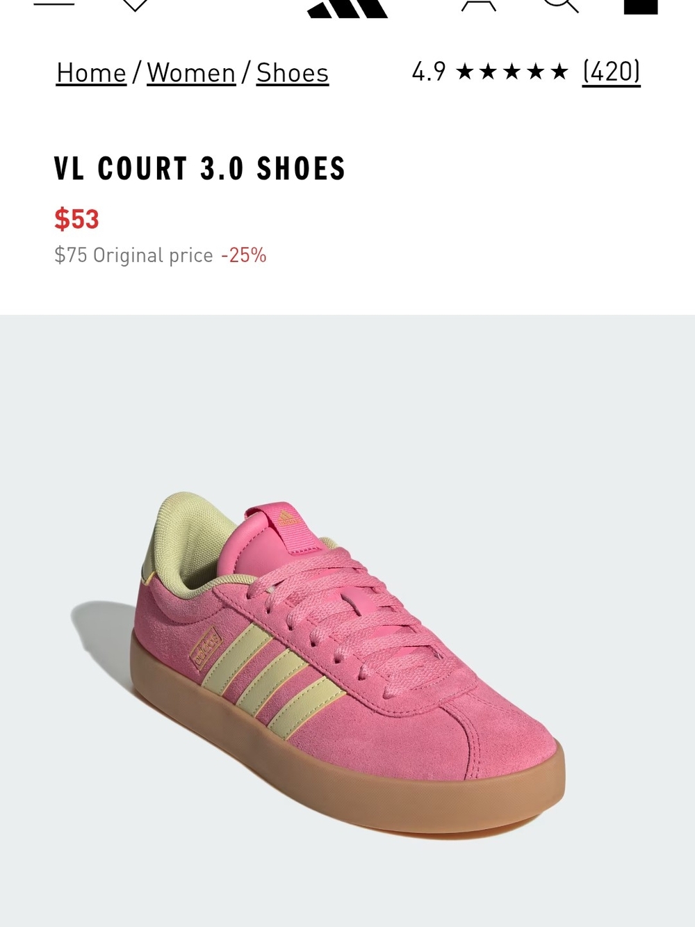 adidas VL Court 3.0 Pink Suede Sneakers with Cream Stripes - Picture 2 of 3